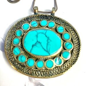 Turquoise and Brass Pendant Necklace